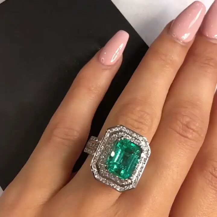10ct Double Halo Emerald Cut Emerald Sapphire Engagement Ring