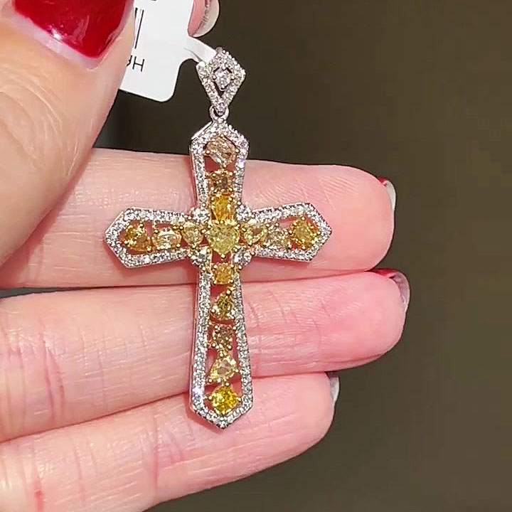 Irregular Cut Yellow Sapphire Pendant Cross Necklace