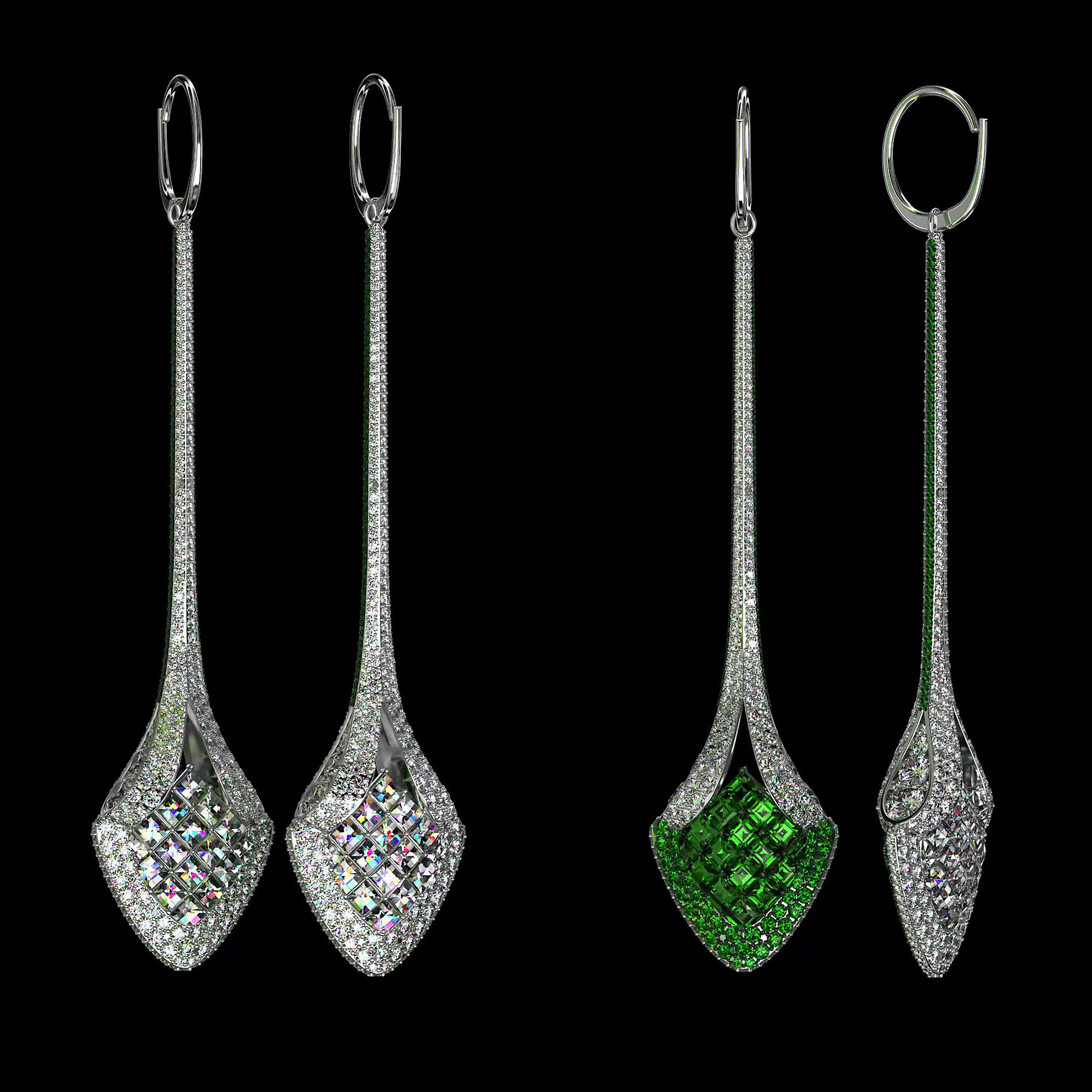 Princess&Round Cut Emerald Sapphire Drop Earrings