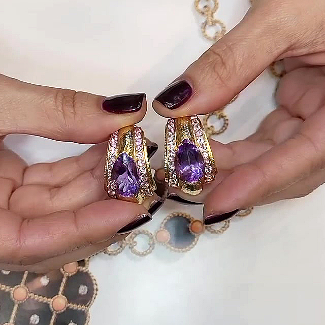 Vintage Design Pear Cut Amethyst Sapphire Hoop Earrings