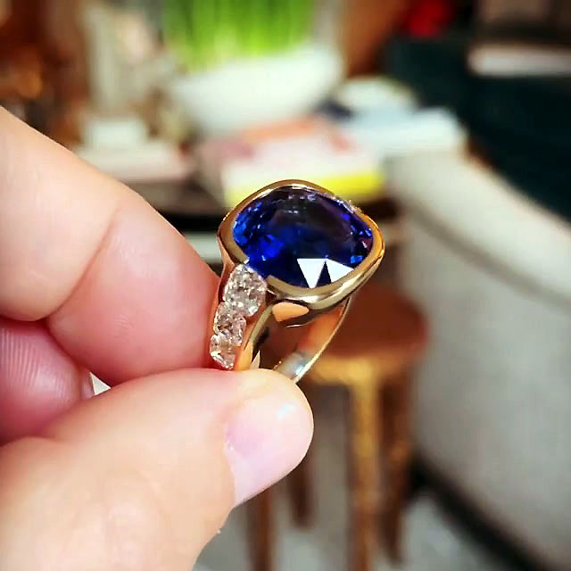 6ct Three-Stone Cushion Cut Blue Sapphire Engagement Ring