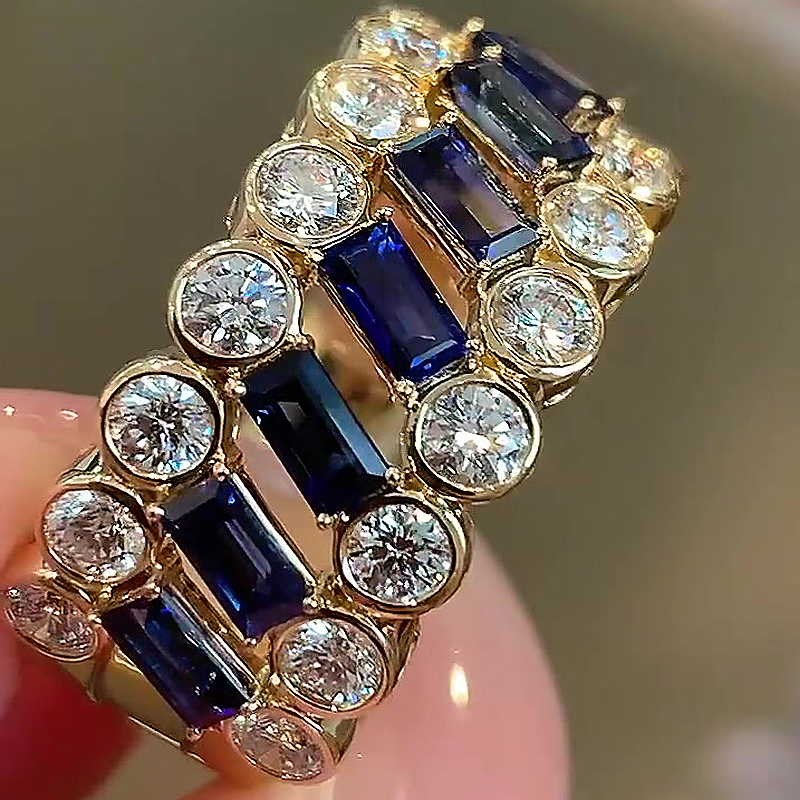 7.65ct Emerald&Round Cut Blue Sapphire Half Eternity Ring