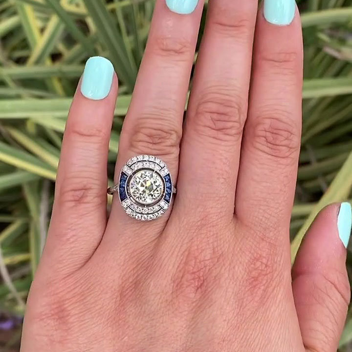 4ct Art Deco Round Cut Blue Sapphire Engagement Ring