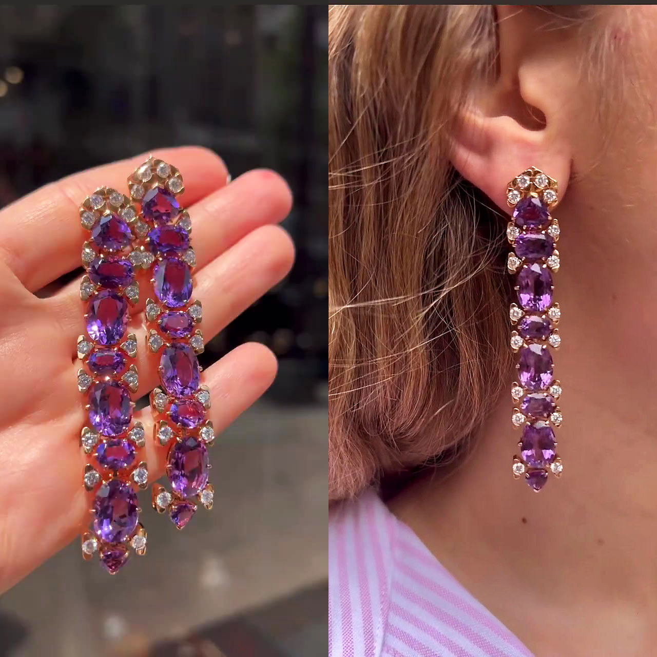 Art Deco Irregular Cut Amethyst Sapphire Drop Earrings