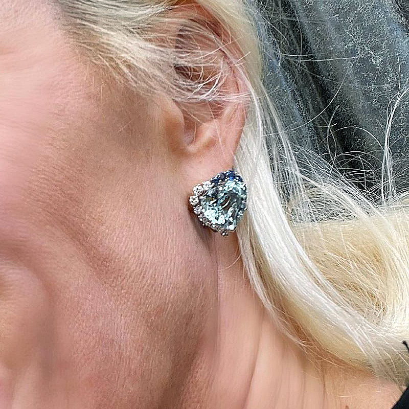 Heart Cut Aquamarine Sapphire Stud Earrings