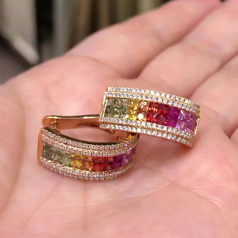 Princess Cut Rainbow Sapphire Hoop Earrings