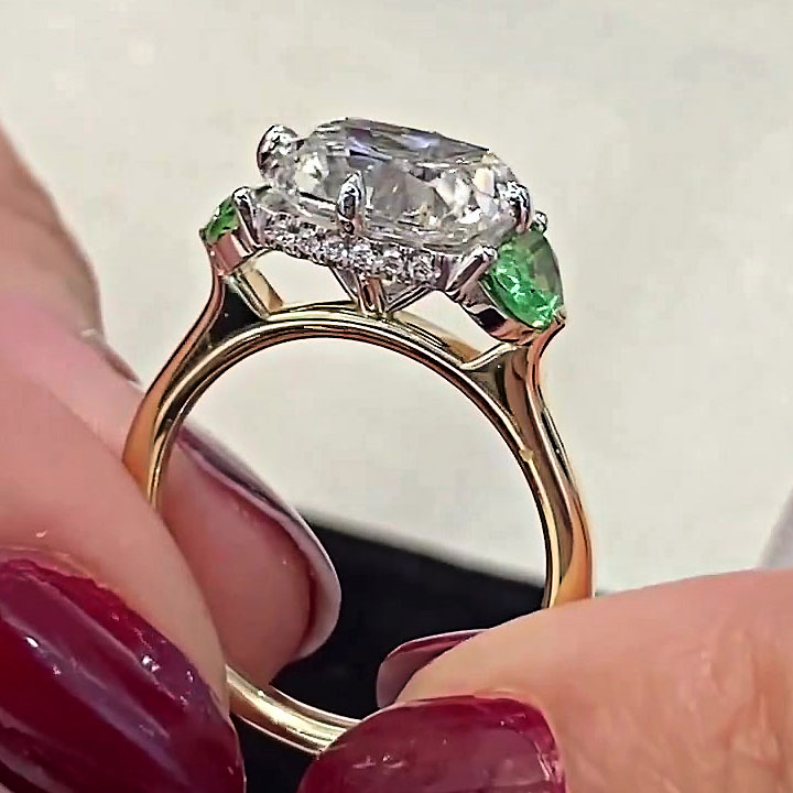 5ct Three-Stone Cushion Cut Green Sapphire Engagement Ring