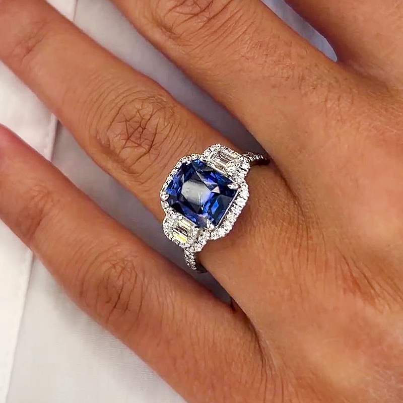 5ct Three-Stone Cushion Cut Blue Sapphire Engagement Ring