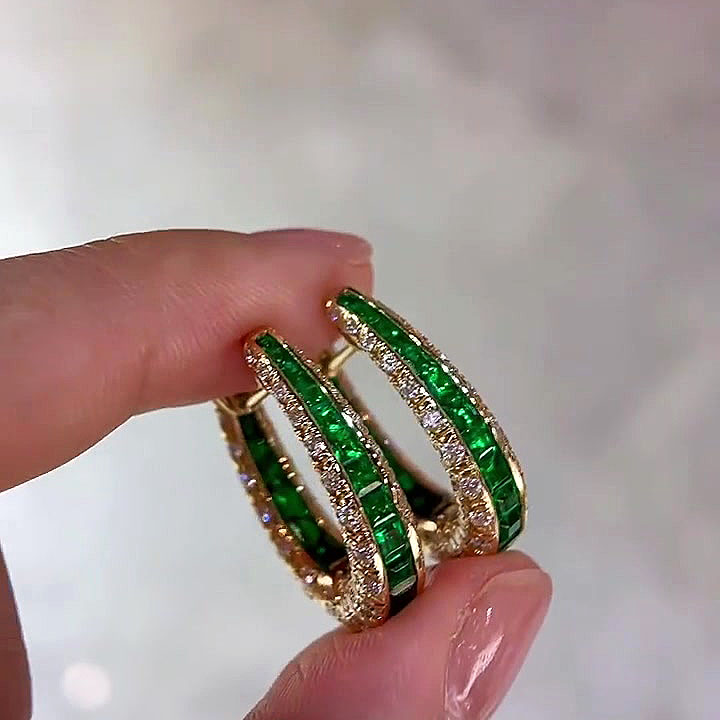 Round&Emerald Cut Emerald Green Sapphire Hoop Earrings