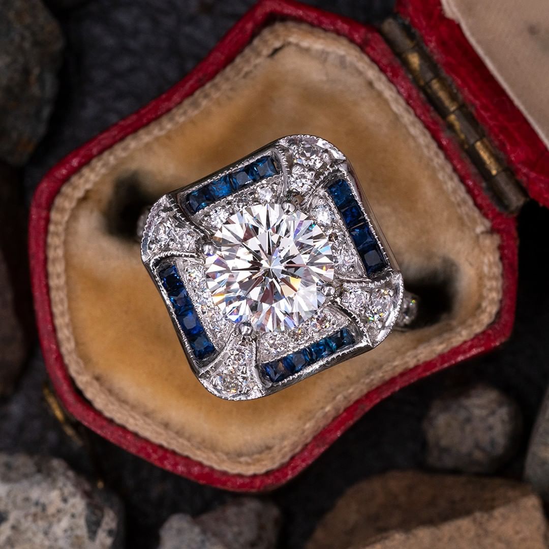 5.92ct Milgrain Blue&White Sapphire Engagement Ring