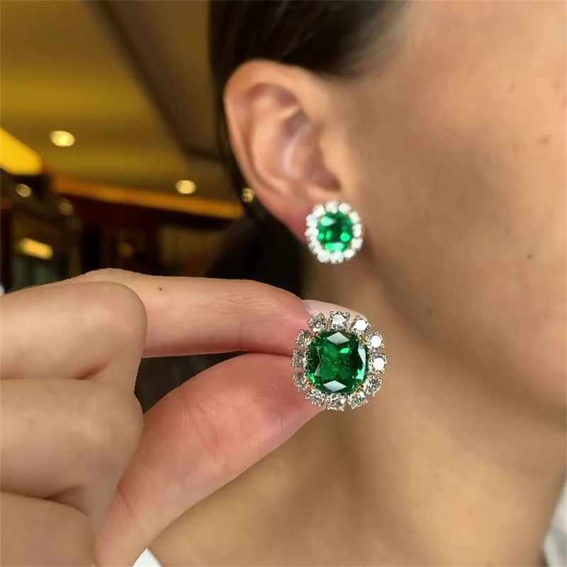Halo Cushion Cut Emerald Green Sapphire Stud Earrings