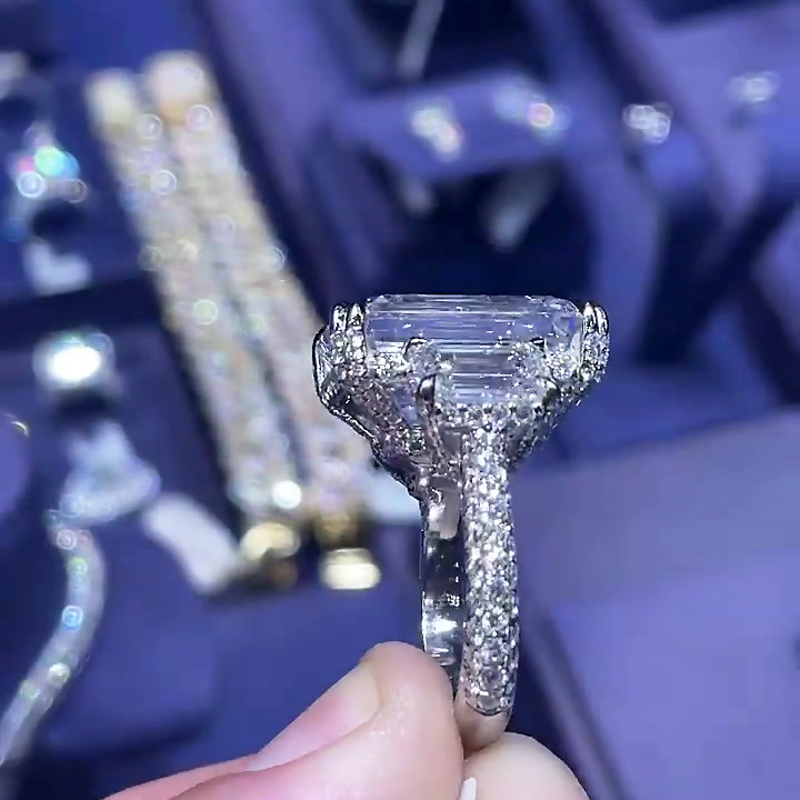 8ct Three-stone Emerald Cut White Sapphire Engagement Ring