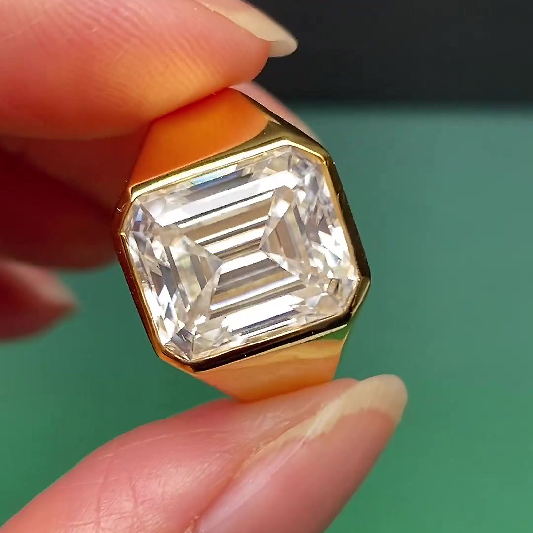 6ct Bezel Setting Emerald Cut White Sapphire Men's Engagement Ring