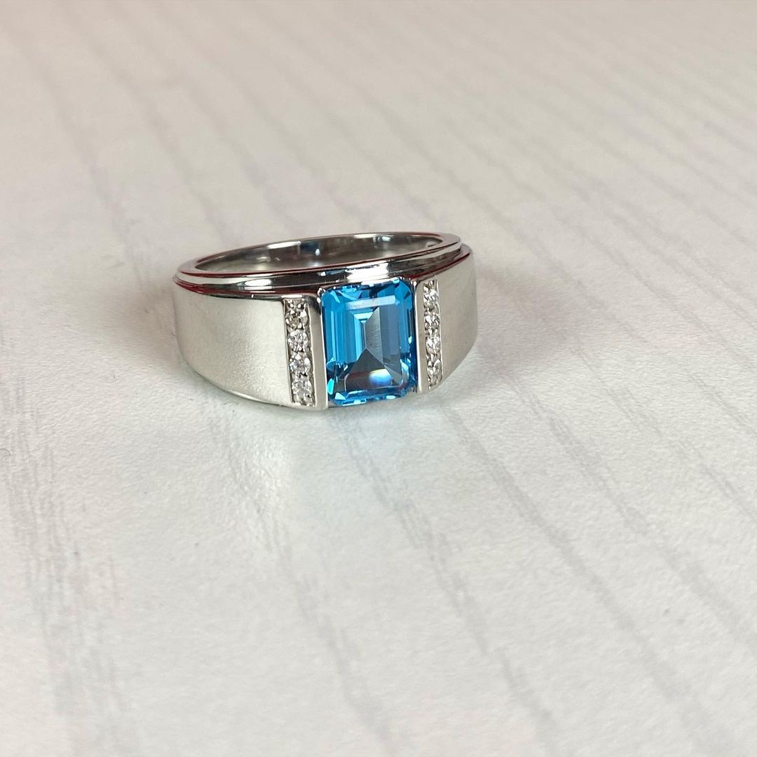 3ct Emerald Cut Aquamarine Sapphire Men's Engagement Ring