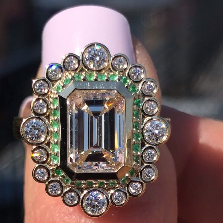 3.2ct Emerald Cut White&Green Sapphire Engagement Ring