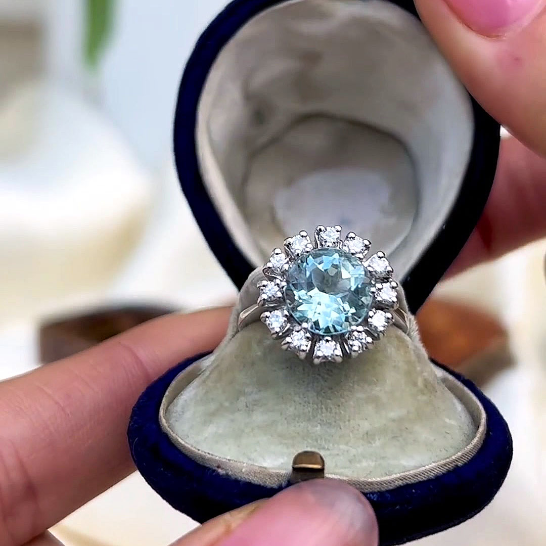 5ct Flower Design Round Cut Aquamarine Sapphire Engagement Ring