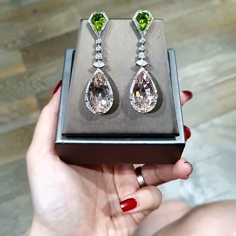 Peridot & Pink Halo Stunning Drop Earrings
