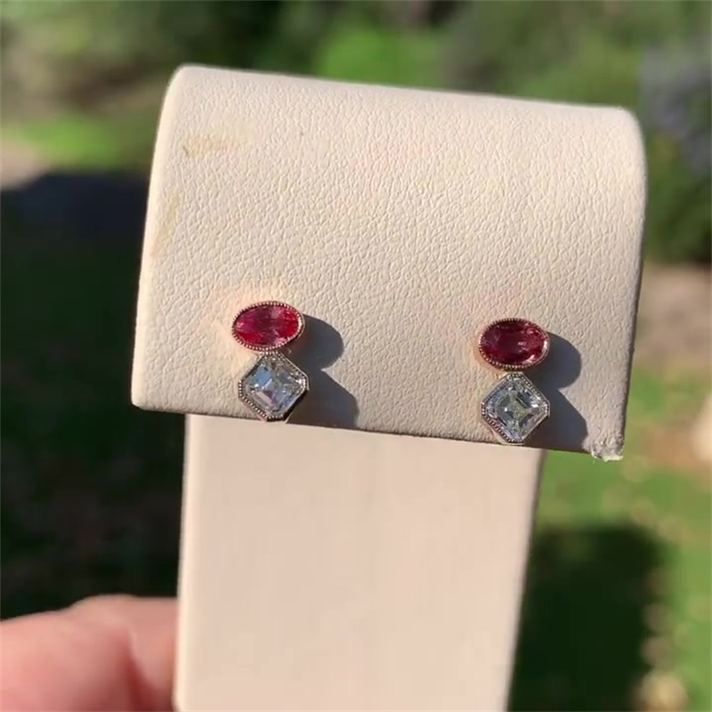 4ct Oval&Asher Cut Ruby&White Sapphire Earrings