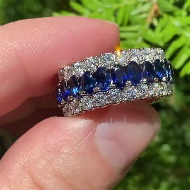 8.15ct Three Row Two Tone Oval&Round Cut Blue Sapphire Wedding Band