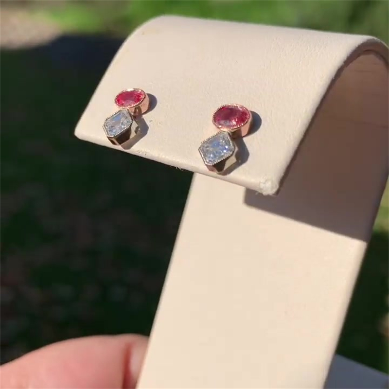 4ct Oval&Asher Cut Ruby&White Sapphire Earrings
