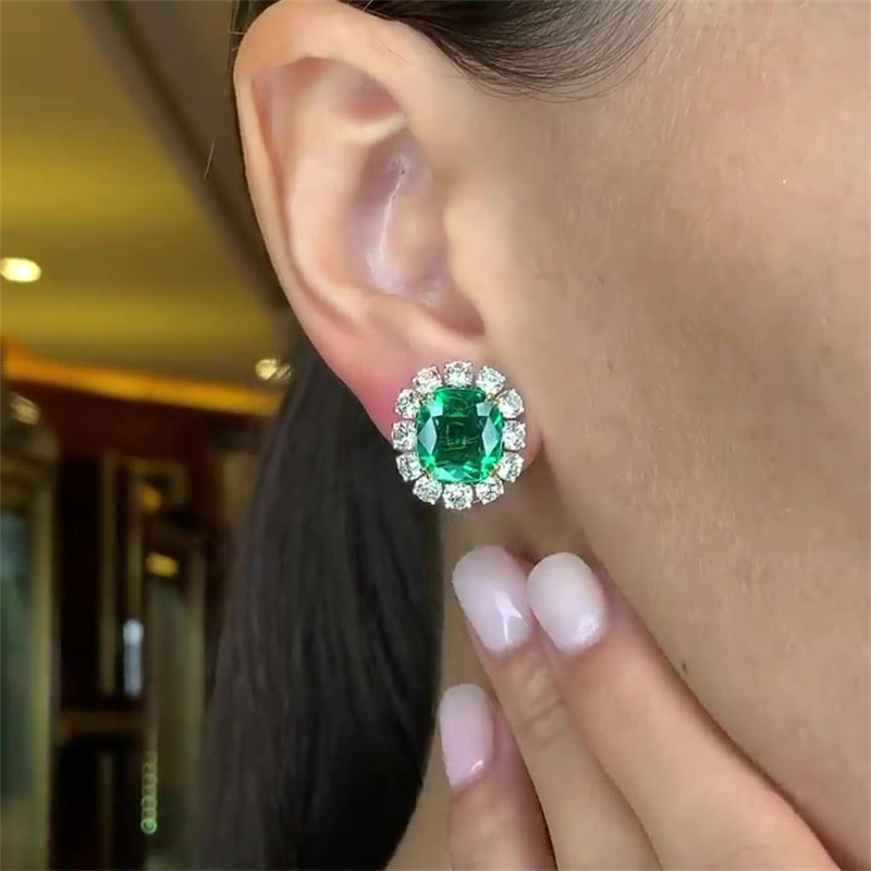 Cushion Cut Emerald Green Sapphire Stud Earrings