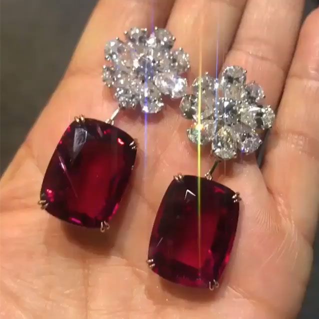 7.5ct Handmade Flower Design Cushion Cut Red Sapphire Drop Earrings