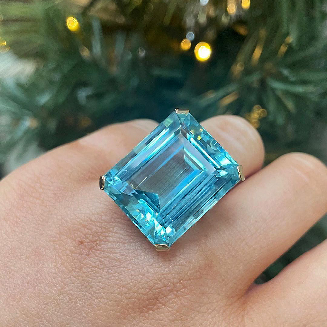 35.5ct Emerald Cut Aquamarine Sapphire Cocktail  Ring
