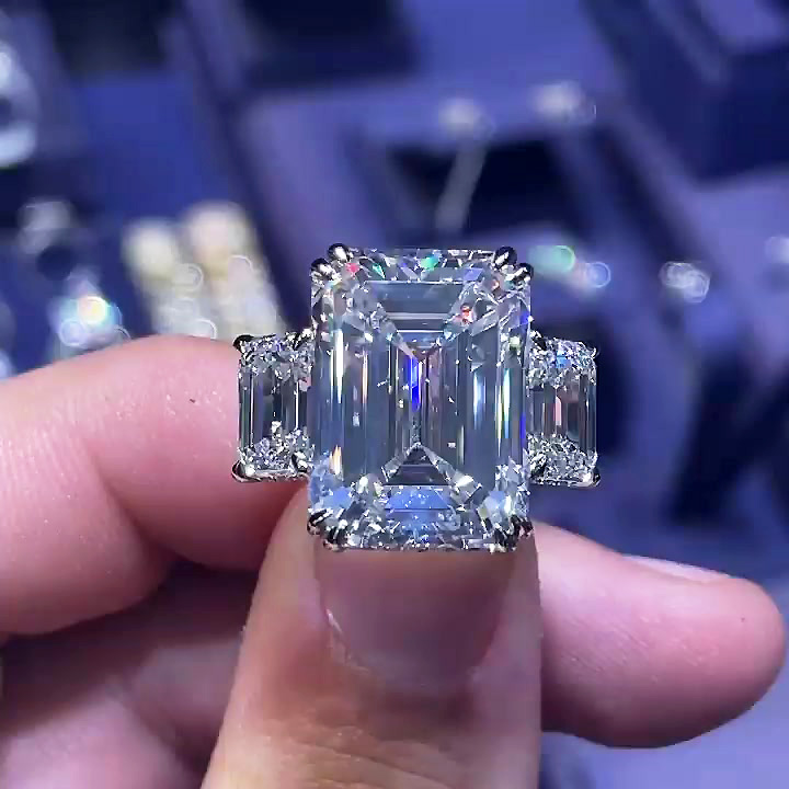 8ct Three-stone Emerald Cut White Sapphire Engagement Ring