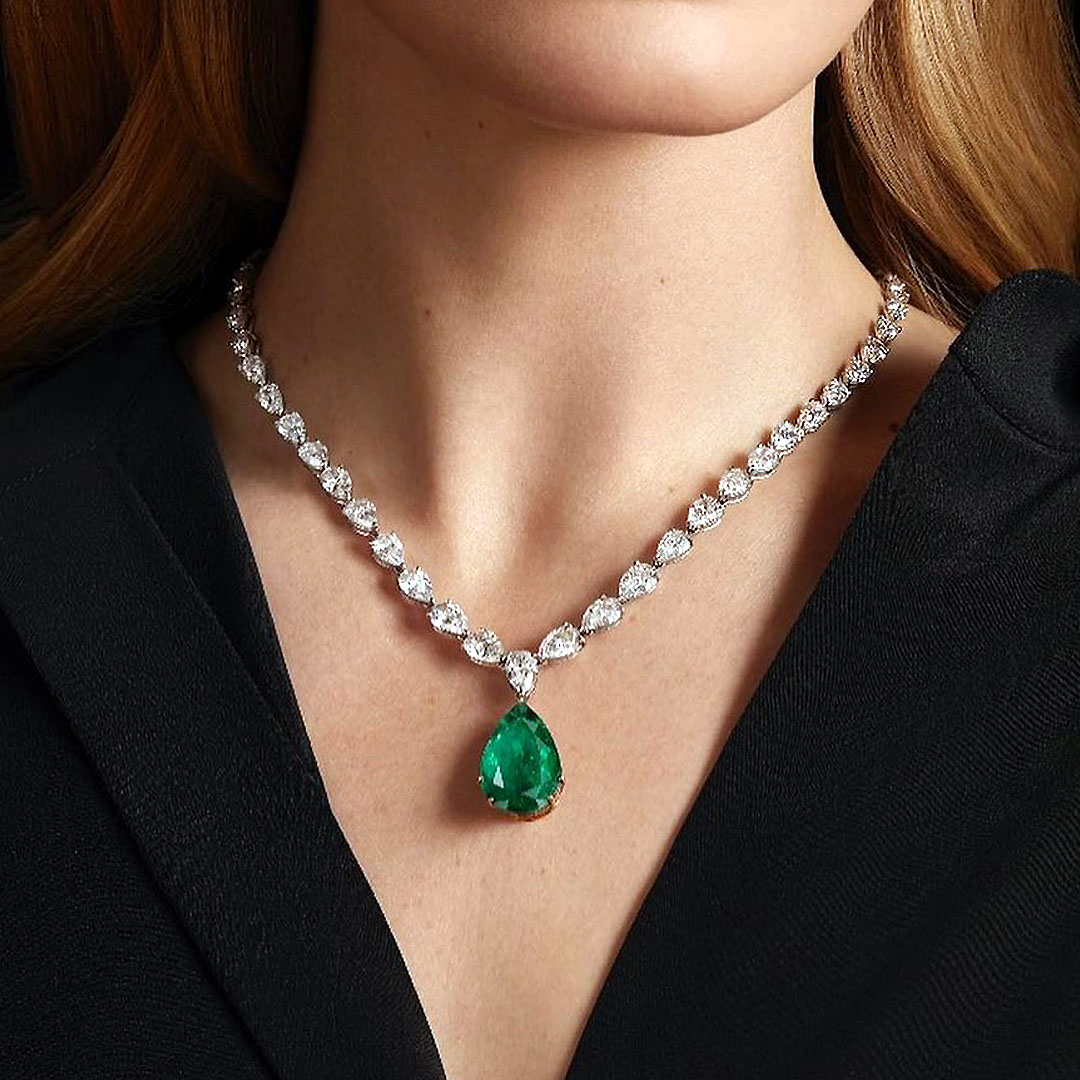 Pear Cut Emerald Sapphire Pendant Necklace