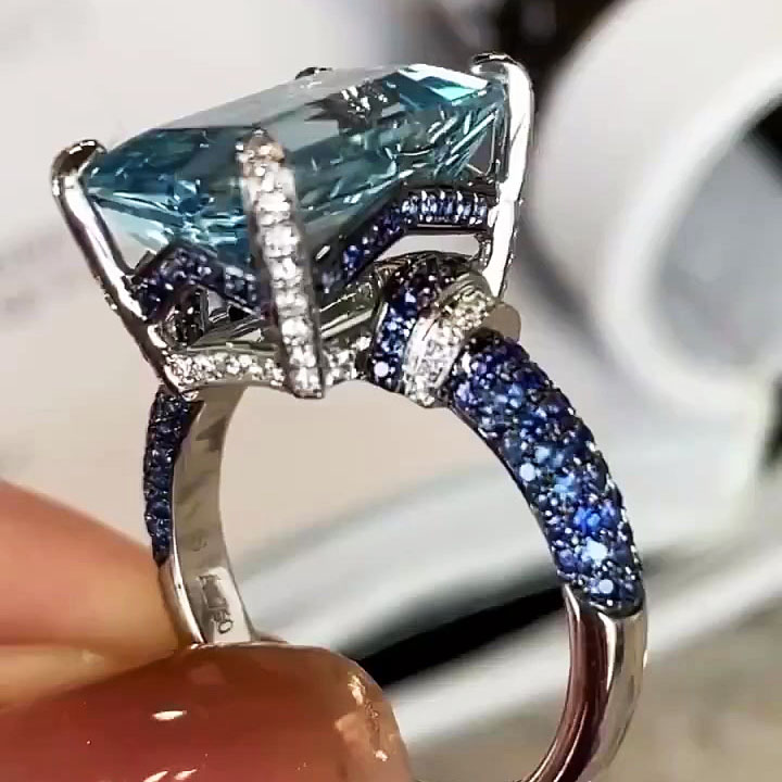 7ct Emerald Cut Aquamarine Sapphire Engagement Ring