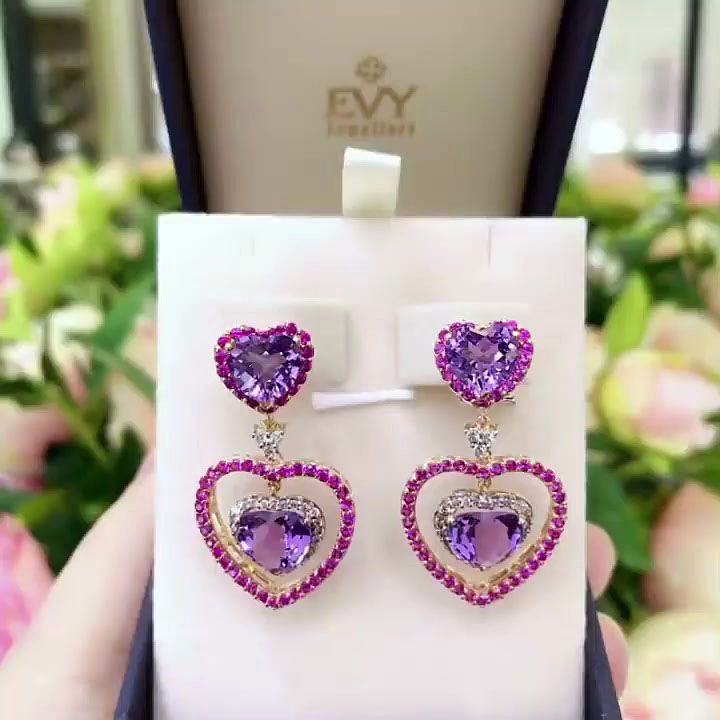Heart Cut Amethyst Sapphire Drop Earrings