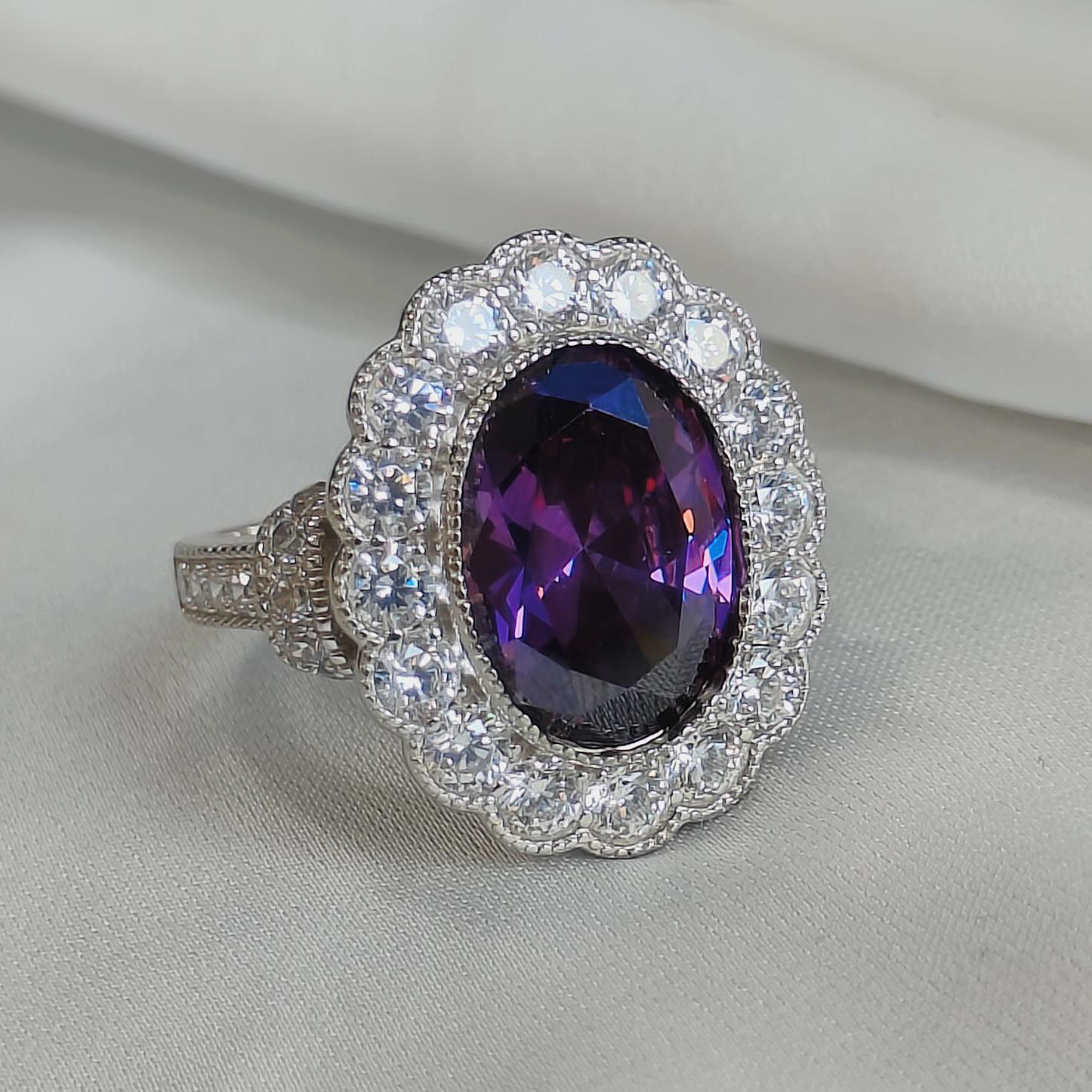 5ct Oval Cut Halo Amethyst Sapphire Engagement Ring