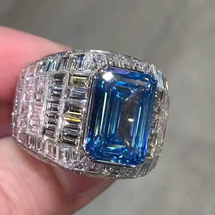 10ct Invisible Set Emerald Cut Blue Sapphire Men's Ring