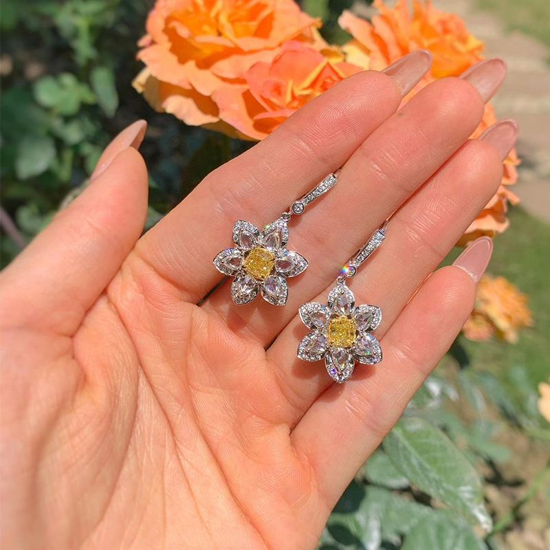 Flower Design Radiant&Pear Cut Yellow Sapphire Drop Earrings