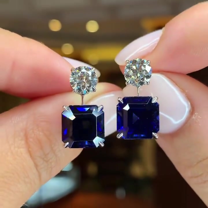 Emerald Cut Blue Sapphire Drop Earrings
