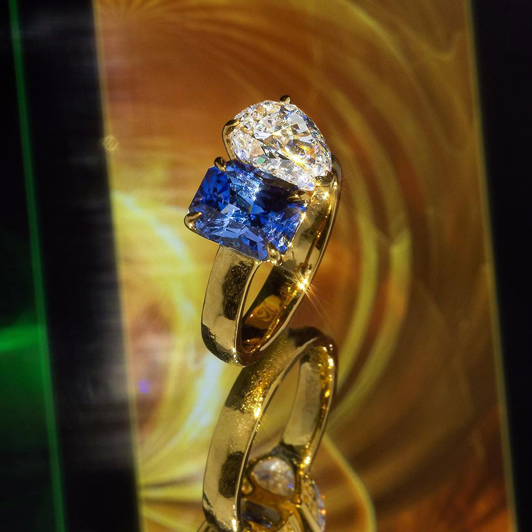 4ct Radiant&Pear Cut Blue Sapphire Engagement Ring