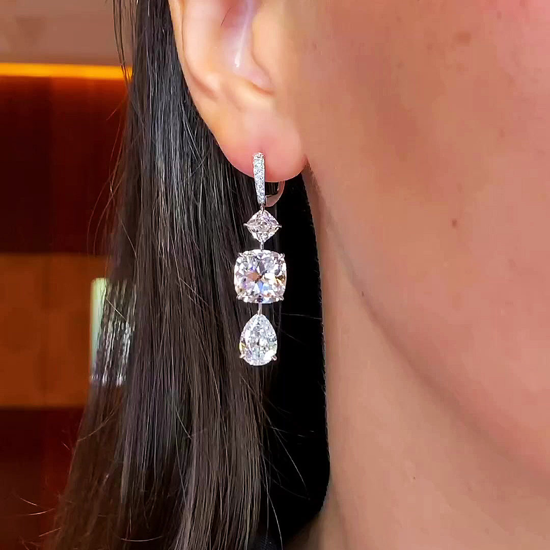 Cushion&Pear Cut White Sapphire Drop Earrings