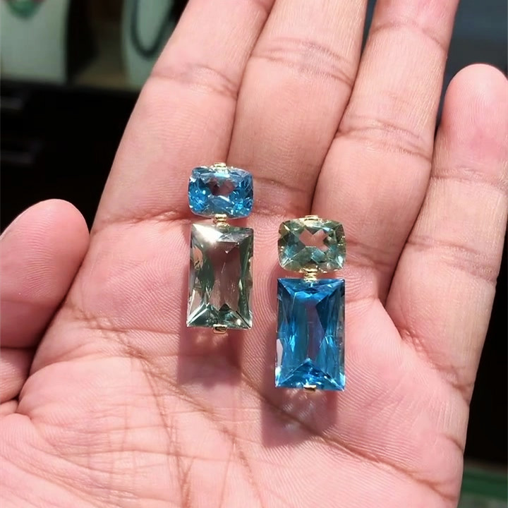 8ct Cushion&Baguette Cut Aquamarine Sapphire Drop Earrings