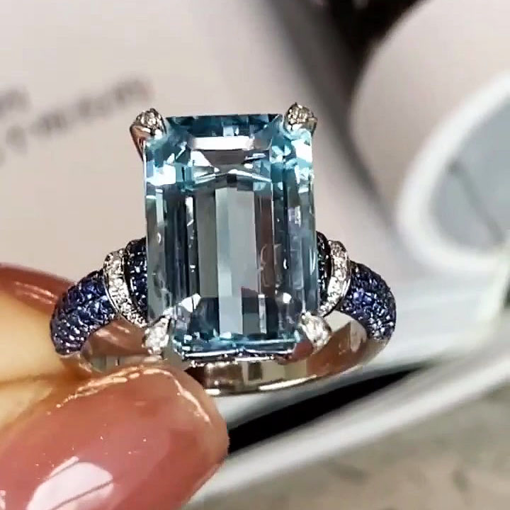 7ct Emerald Cut Aquamarine Sapphire Engagement Ring
