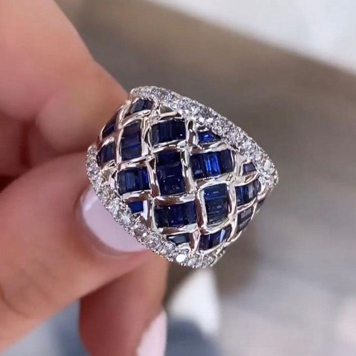8.35ct Luxury Basket Weave Baguette Cut Blue & White Sapphire Eternity Ring