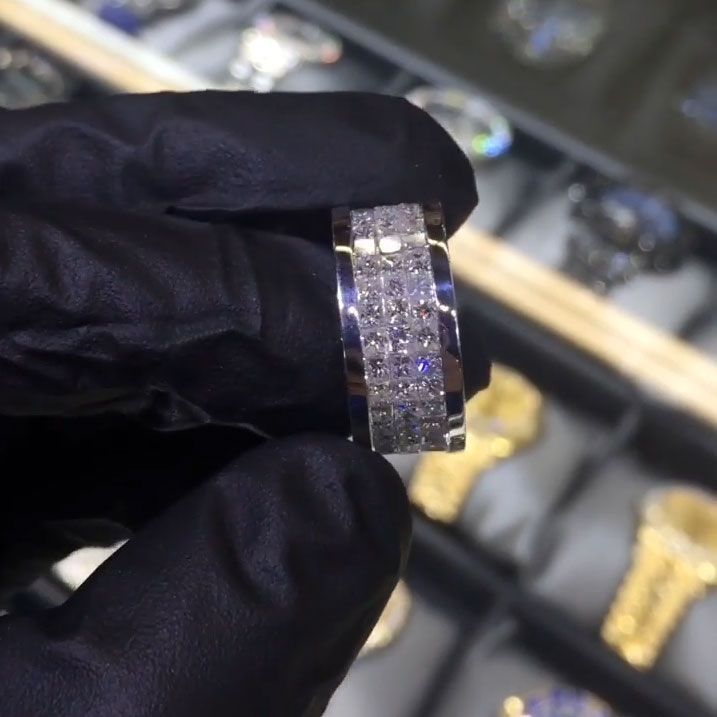 Men 3-Row Iced Out Princess Cut Eternity Men's Band Ring