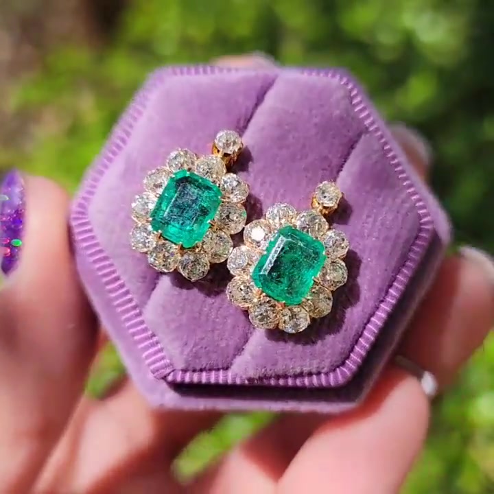 Halo Emerald Cut Green Sapphire Drop Earrings