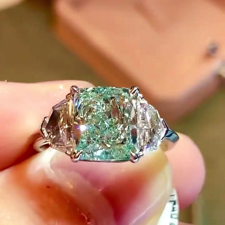 4ct Three Stone Radiant Cut Green Sapphire Engagement Ring