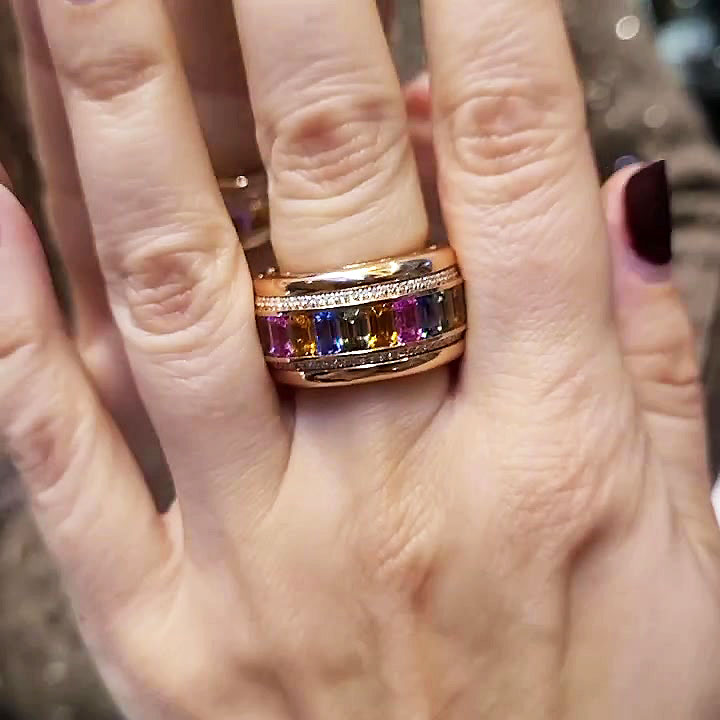 7.75ct Emerald Cut Rainbow Sapphire Eternity Ring