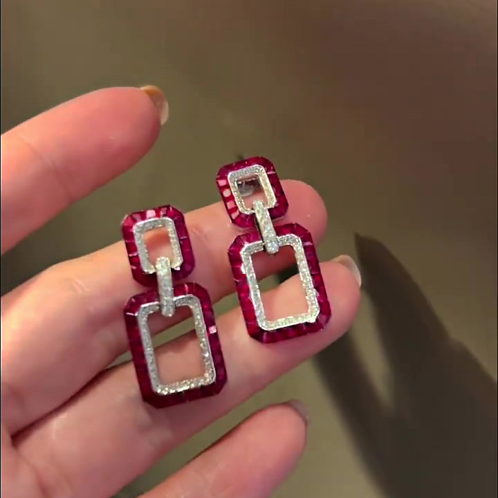 Baguette&Tapered Baguette Cut Ruby Sapphire Drop Earrings