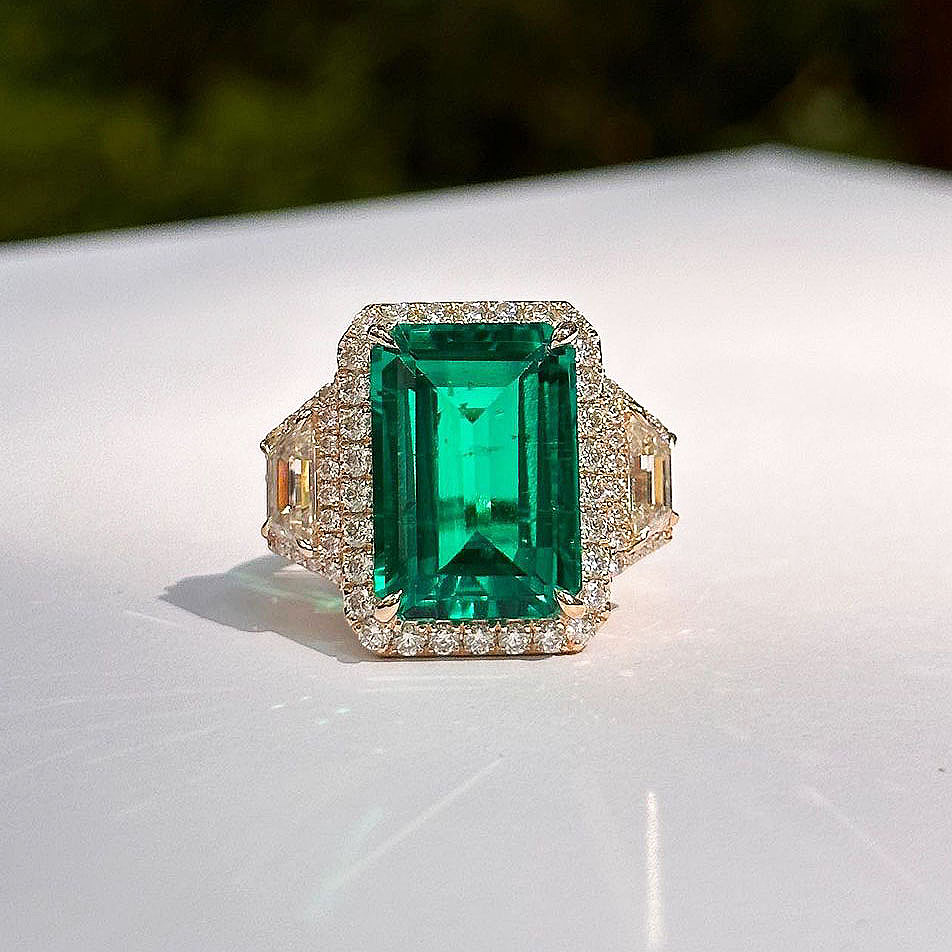 4ct Three-Stone Emerald Cut Emerald Sapphire Engagement Ring