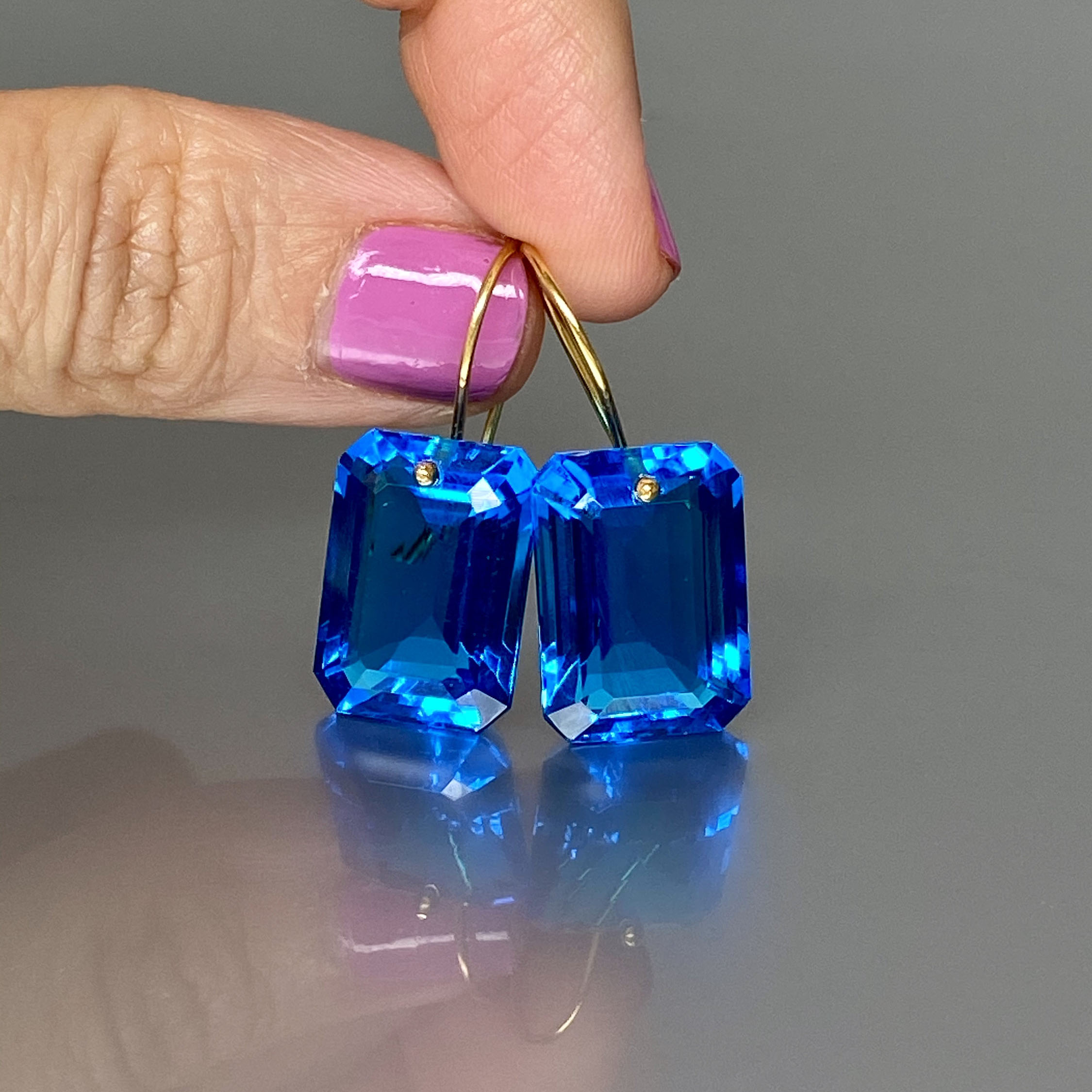 Emerald Cut Blue Sapphire Drop Earrings