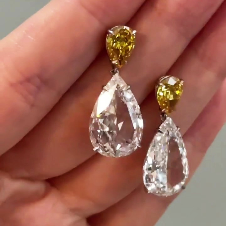 Pear Cut Yellow&White Sapphire Drop Earrings