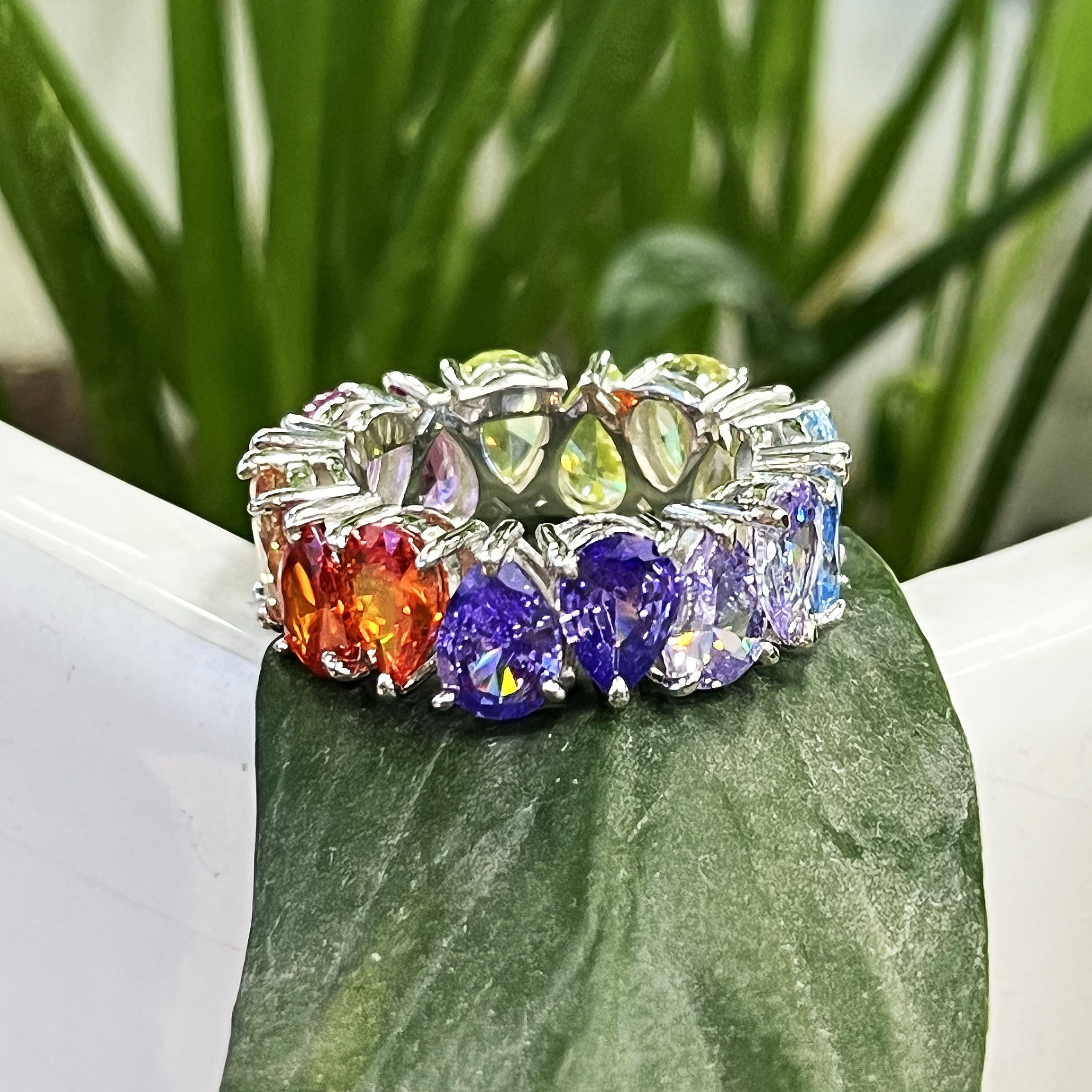 7ct Pear Cut Rainbow Sapphire Eternity Ring
