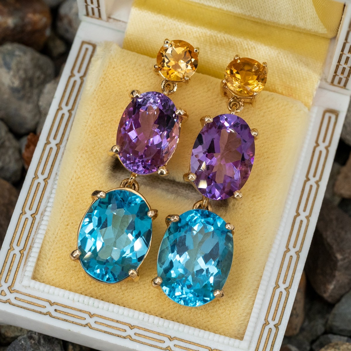 Oval Cut Aquamarine&Amethyst Sapphire Drop Earrings